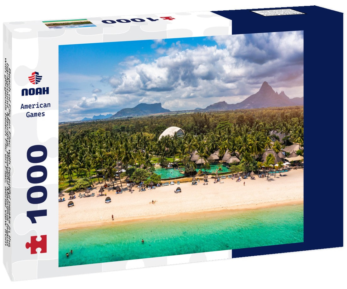 Noah Jigsaw Puzzle Beach of Flic en Flac with beautiful peaks in the background, Mauritius. Beautiful Mauritius Island with gorgeous beach Flic en Flac, aerial view from drone. Flic en Flac Beach, Mauritius Island 1000 pieces