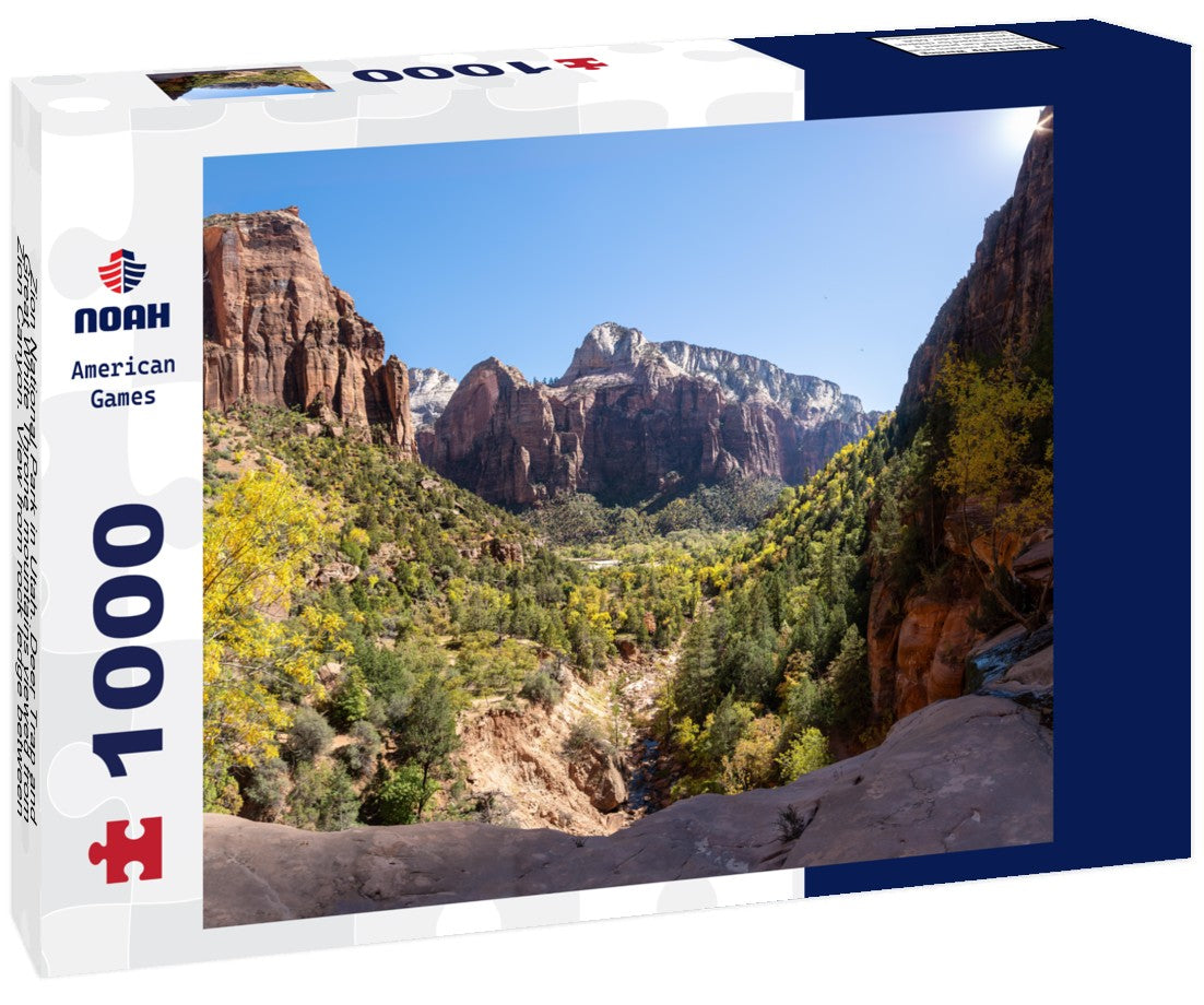 Zion National Park in Utah. Deer Trap and Great White Throne mountains viewed from Zion Canyon. View from rock ledge between Lower and Middle Emerald Pools 1000pc Puzzle
