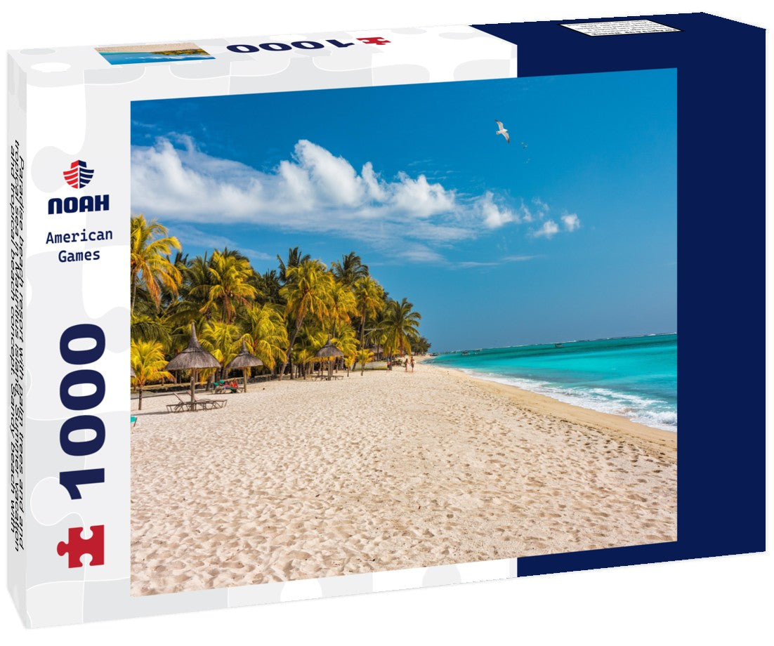 Paradise beach resort with palm trees and and tropical sea in Mauritius island. Summer vacation and tropical beach concept. Sandy beach with Le Morne beach on Mauritius island 1000pc Puzzle