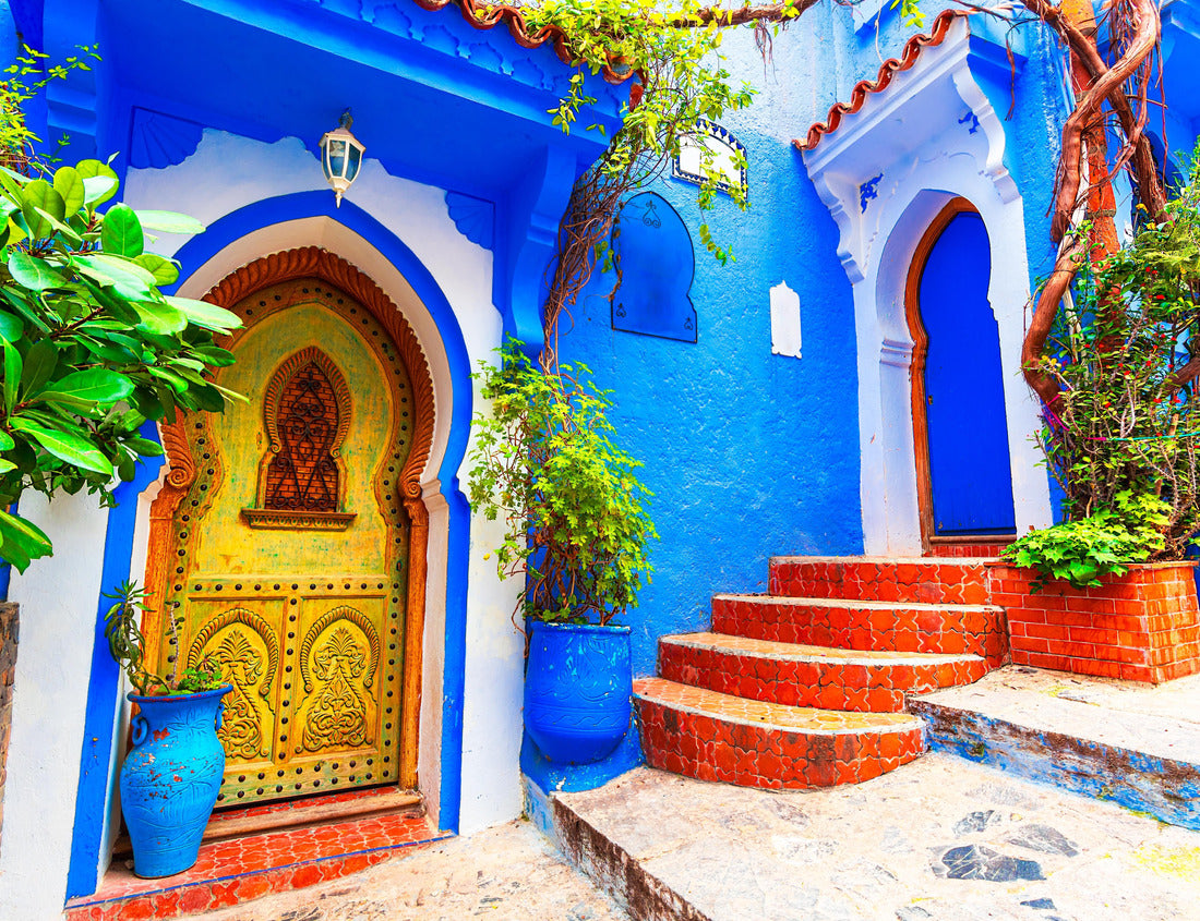 Noah Jigsaw Puzzle Chefchaouen, Morocco: Blue narow stairs with colourful walls and flowerpots into old walled city, or medina, North Africa travel destination 1000 pieces
