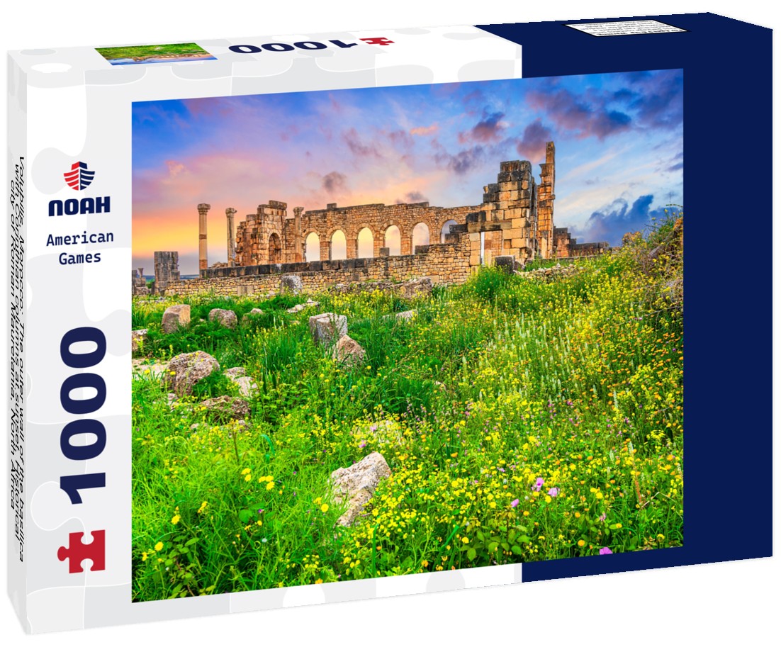 Volubilis, Morocco: The outer wall of the basilica, with Corinthian columns at sunset. Historical city of Roman Mauretania, North Africa 1000pc Puzzle