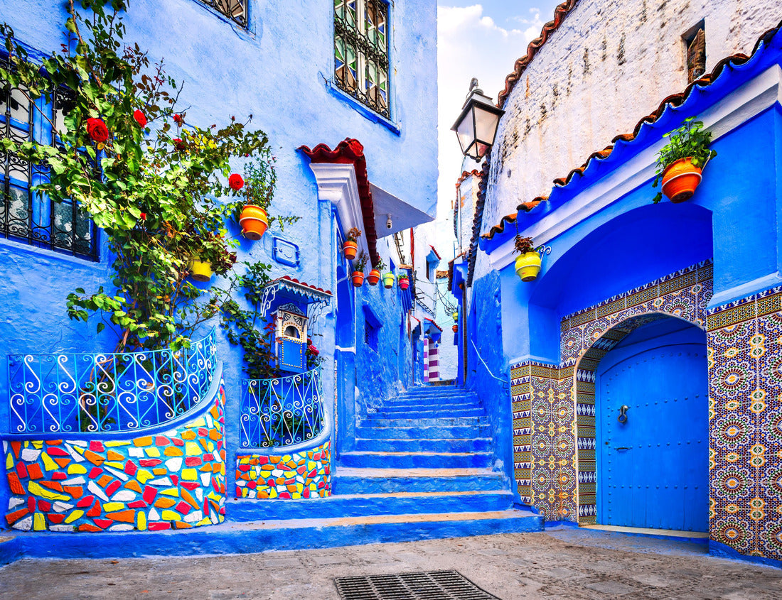 Noah Jigsaw Puzzle Chefchaouen, Morocco. Blue staircase and wall decorated with colorful flowerpots, North Africa travel destination 1000 pieces
