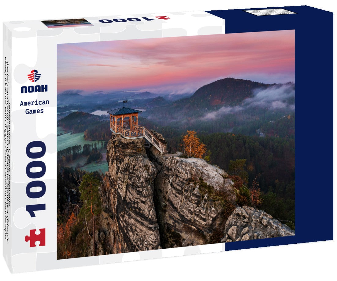 Noah Jigsaw Puzzle Jetrichovice, Czech Republic - Aerial panoramic view of Mariina Vyhlidka (Mary's view) lookout with foggy Czech autumn landscape and colorful pink sunrise sky in Bohemian Switzerland region 1000 pieces