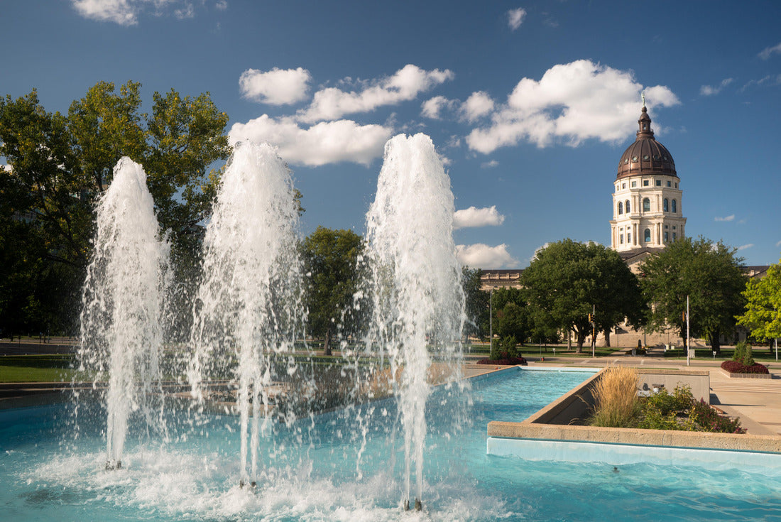 Noah Jigsaw Puzzle Soft clouds and blue skies appear over fountains and the capitol of Topeka, Kansas USA 2000 pieces