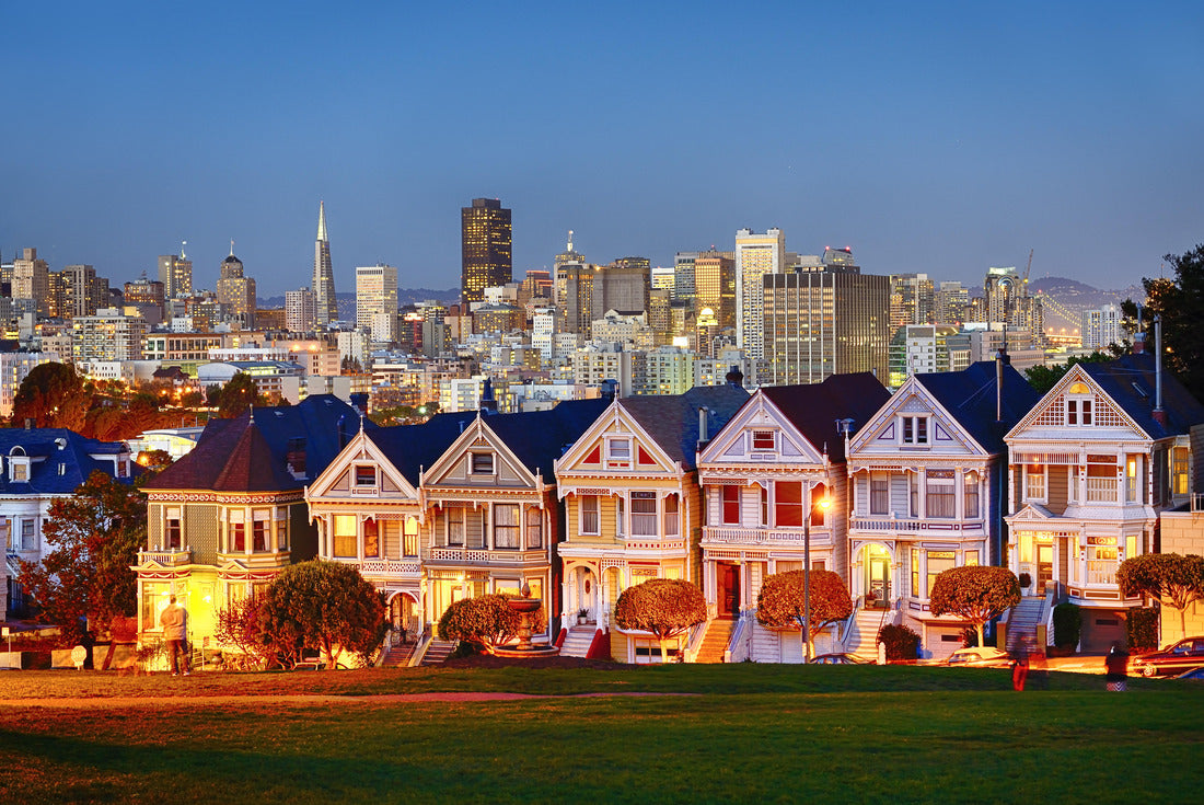 Noah Jigsaw Puzzle The Painted Ladies of San Francisco, California sit glowing amid the backdrop of a sunset and skyscrapers 2000 pieces