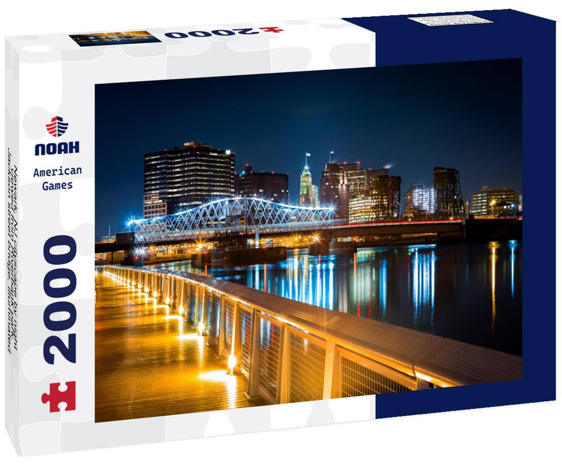 Noah Jigsaw Puzzle Newark, NJ cityscape by night, viewed from Riverbank park. Jackson street bridge, illuminated, spans the Passaic River 2000 pieces