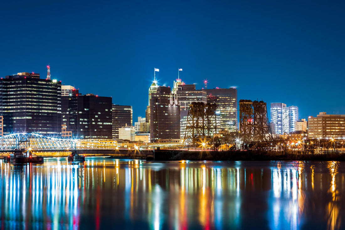 Noah Jigsaw Puzzle Newark, NJ cityscape by night, viewed from Riverbank park. Jackson street bridge, illuminated, spans the Passaic River 2000 pieces