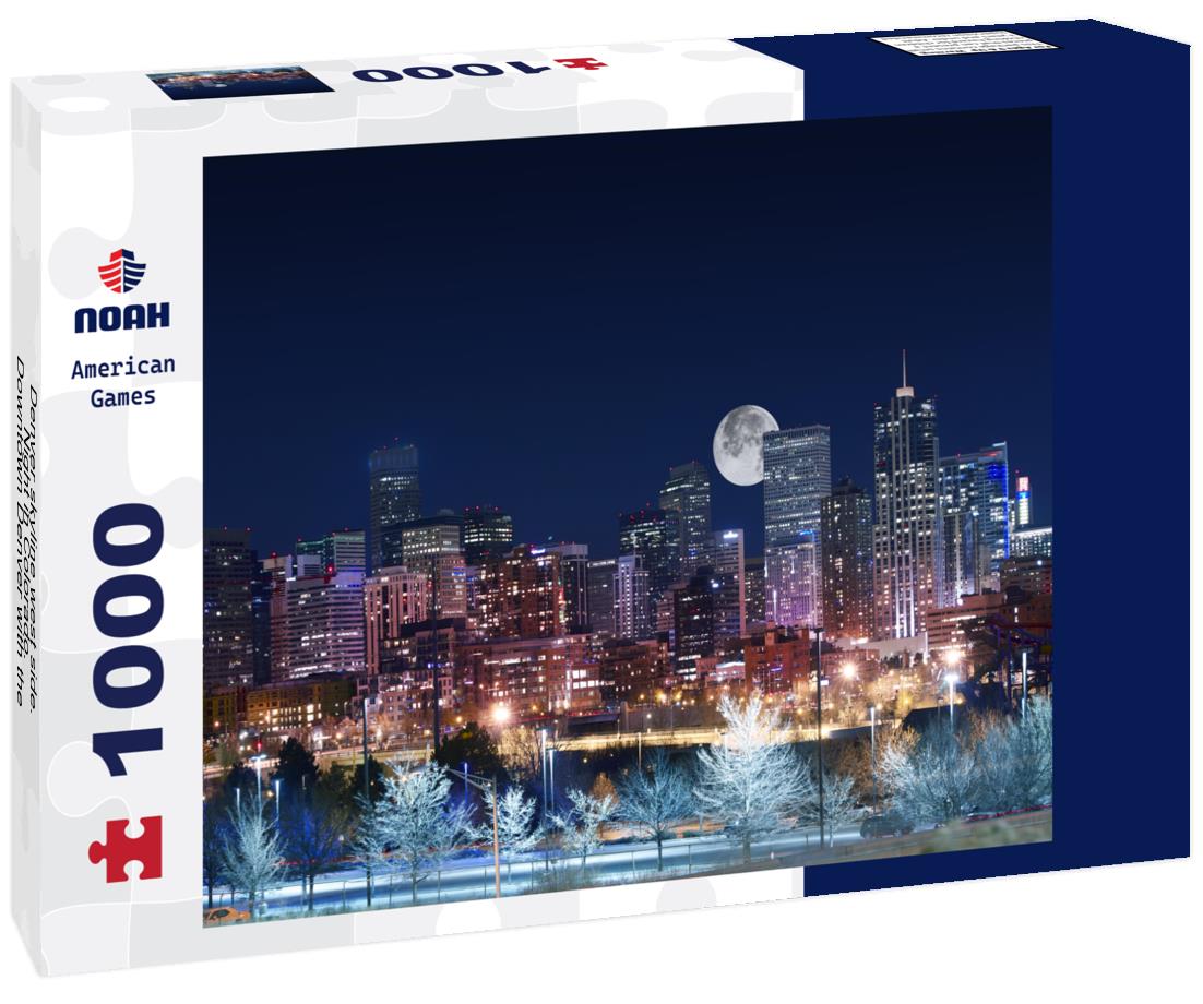 Noah Jigsaw Puzzle Denver skyline west side. Night in Colorado. Downtown Denver with the moon. United States 1000 Pieces
