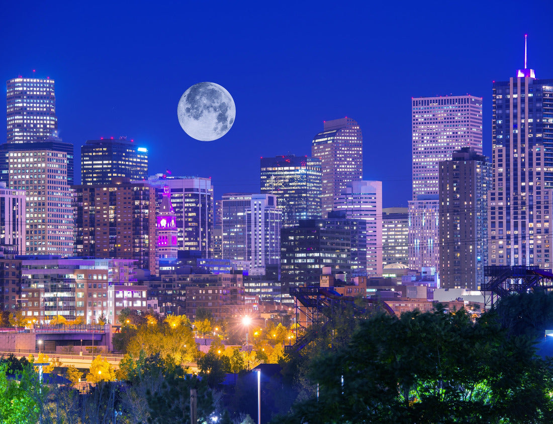 Noah Jigsaw Puzzle Denver Colorado at night. Denver Downtown Skyline and the full moon on Clear Sky 1000 Pieces