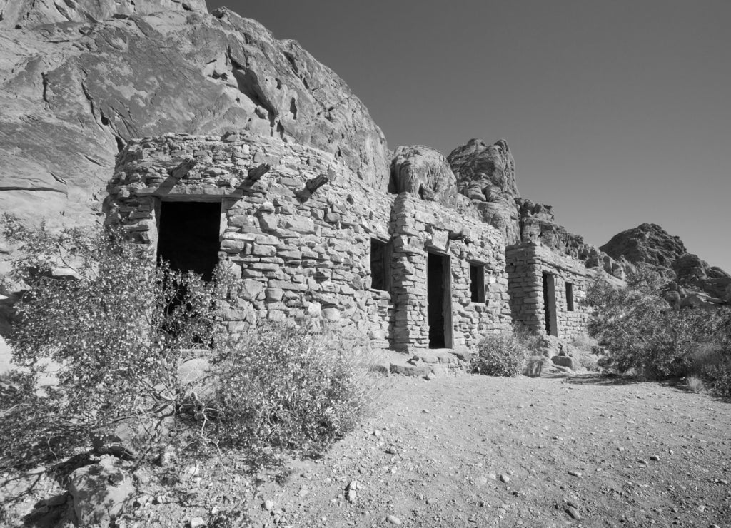 Stone cabins at Valley of Fire State Park in Nevada in black white