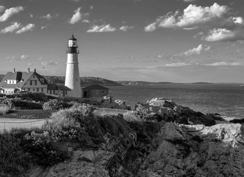 Portland Head Light, Cape Elizabeth, Maine in black white