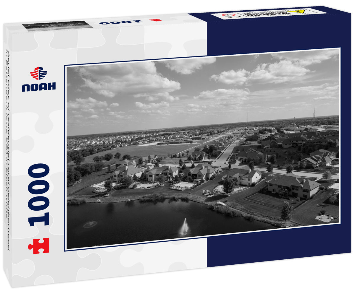 Aerial wiev of residential rural neighborhood in Bettendorf, Iowa USA in black white