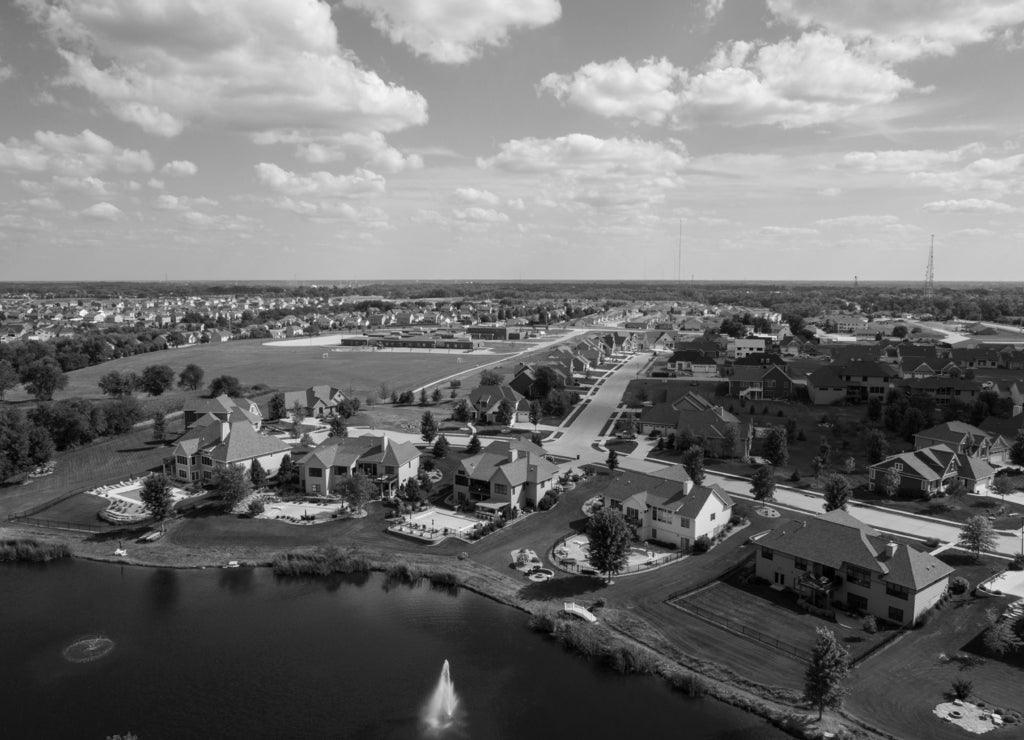 Aerial wiev of residential rural neighborhood in Bettendorf, Iowa USA in black white