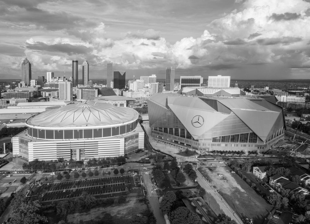 Mercedez Benz Stadium and Georgia Dome, Atlanta in black white