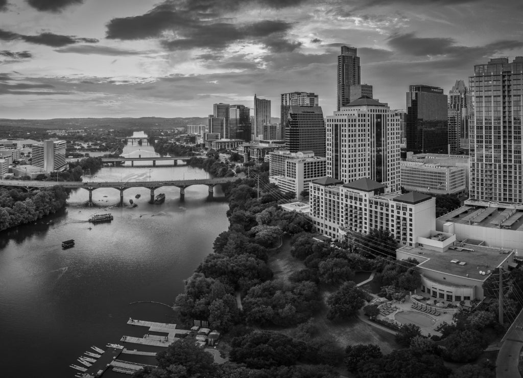 Downtown Austin, Texas during sunset in black white