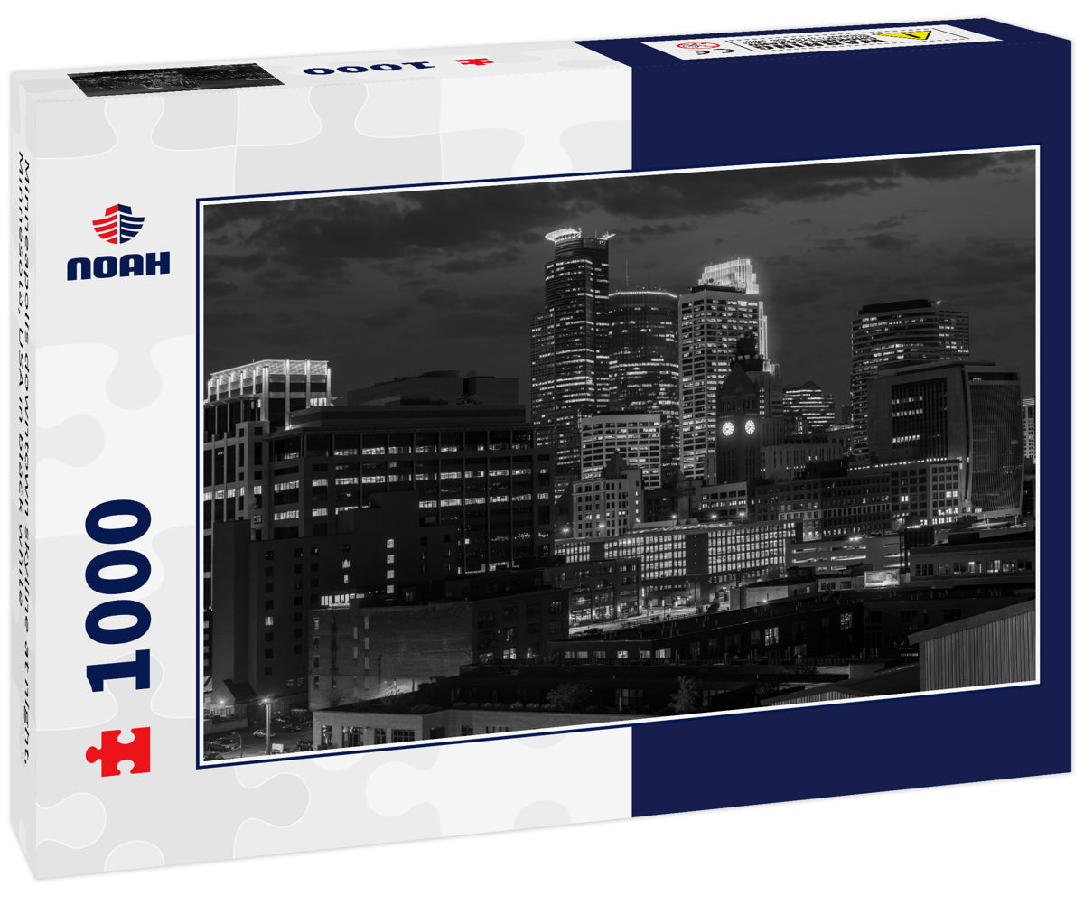 Minneapolis downtown skyline at night, Minnesota, USA in black white