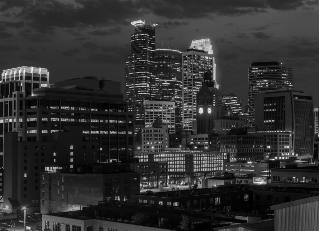 Minneapolis downtown skyline at night, Minnesota, USA in black white
