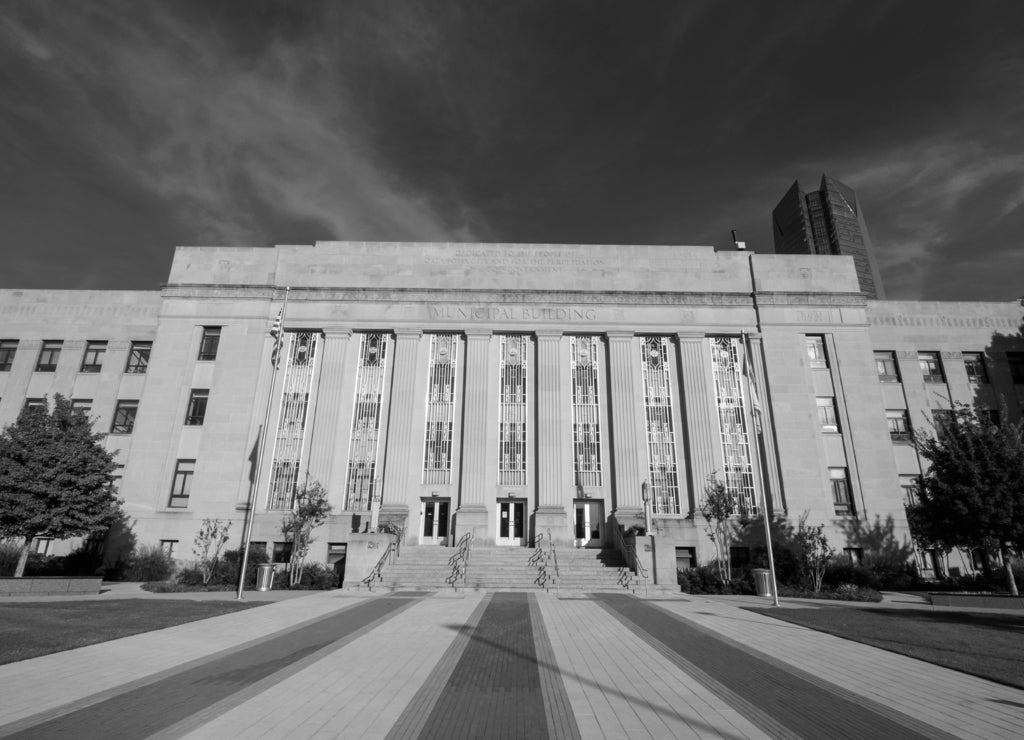 Municipal building in Oklahoma City in black white