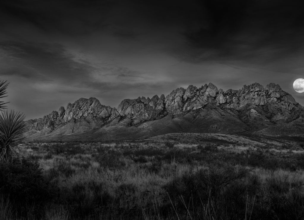 Super Moon Over the Organ Mountains, New Mexico in black white