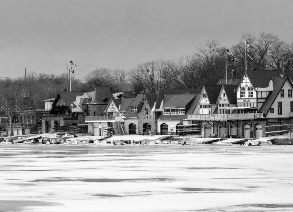 Philadelphia Boathouse Row in Winter, Pennsylvania in black white