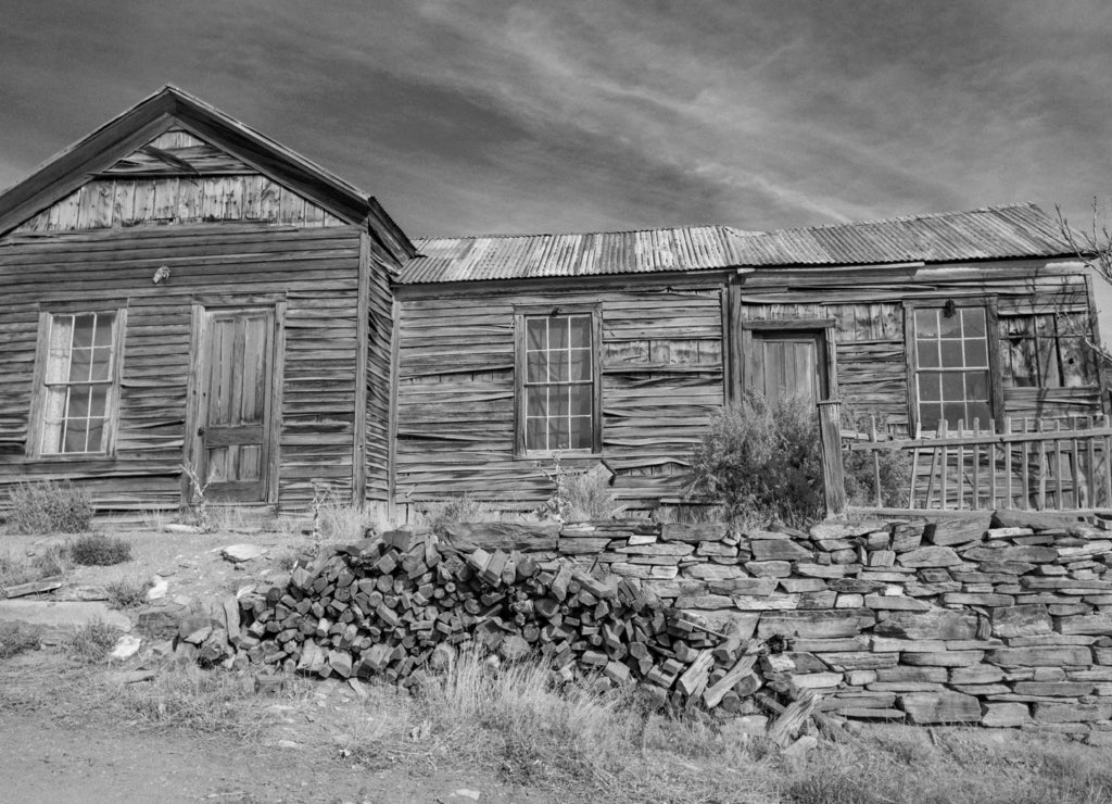 Old weathered wood building in Belmont mining ghost town, Nevada in black white