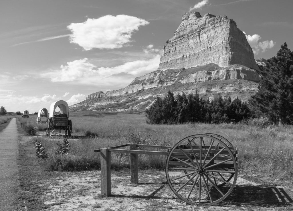 Scotts Bluff National Monument, part of the historic Oregon Trail, California Trail, & Mormon Trail, Nebraska in black white