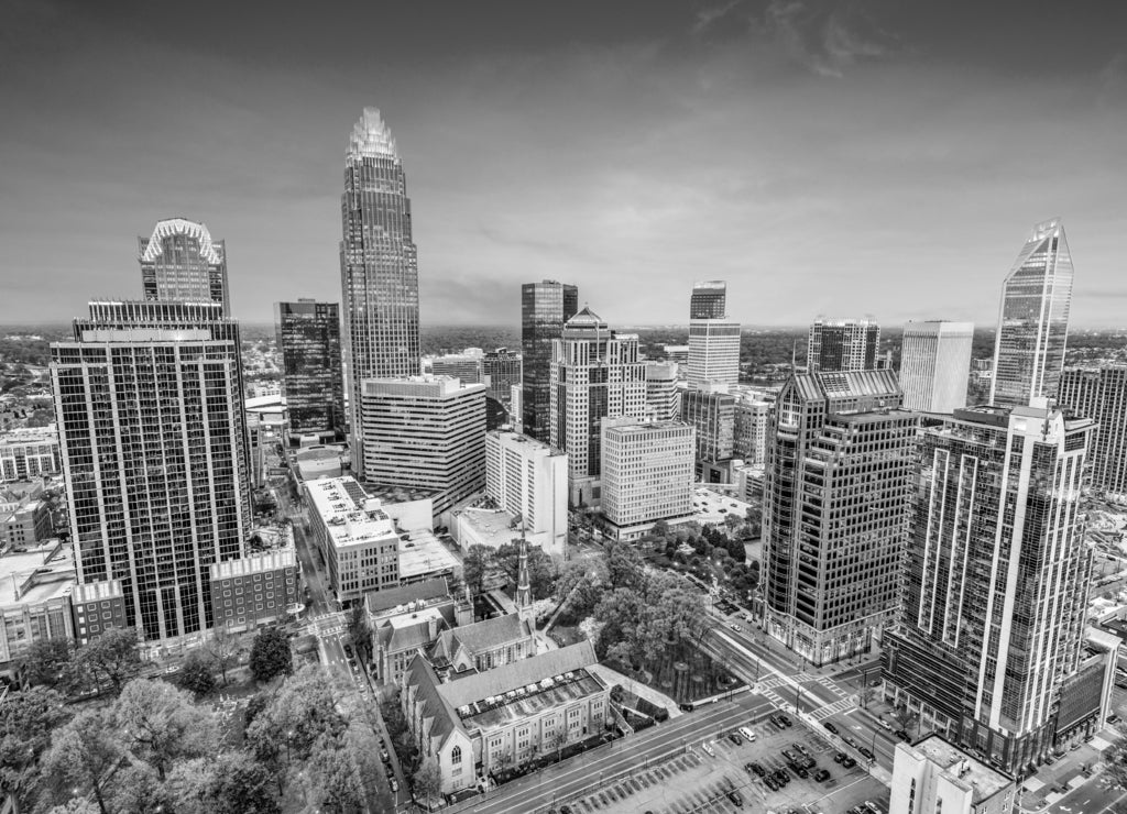 Charlotte, North Carolina, USA in black white