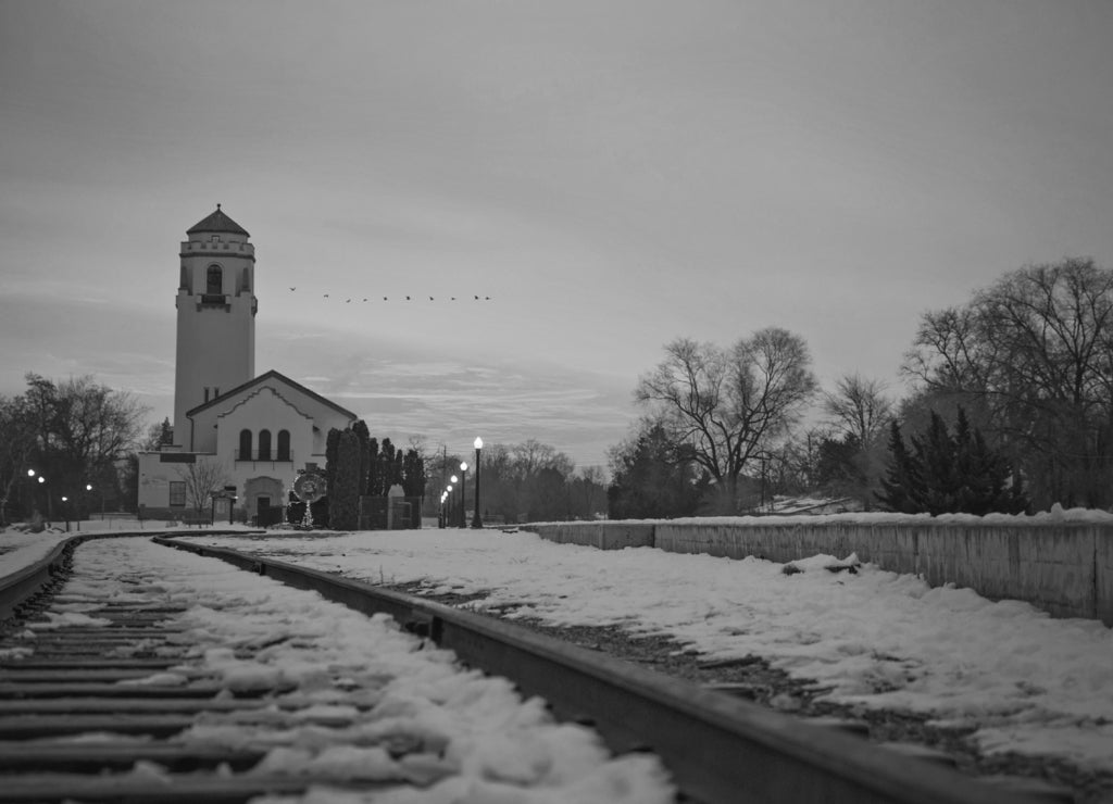 sunrise photo of the Boise Train Depot, Idaho in black white