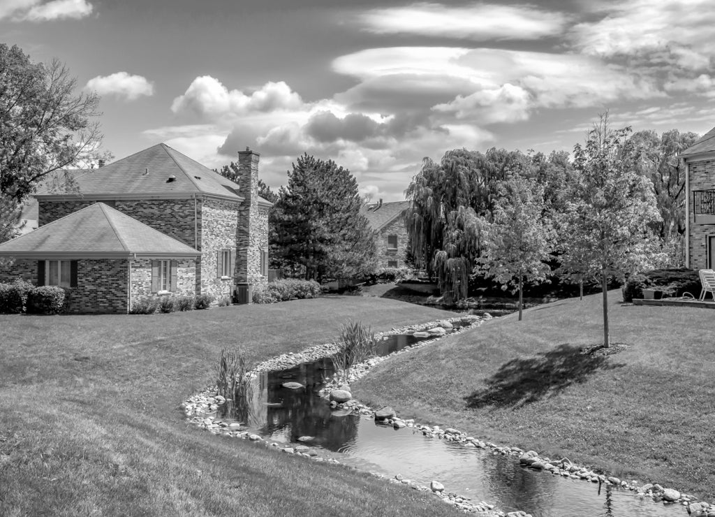 Northbrook village landscape, is an affluent suburb of Chicago, located at the northern edge of Cook County, Illinois, United States in black white