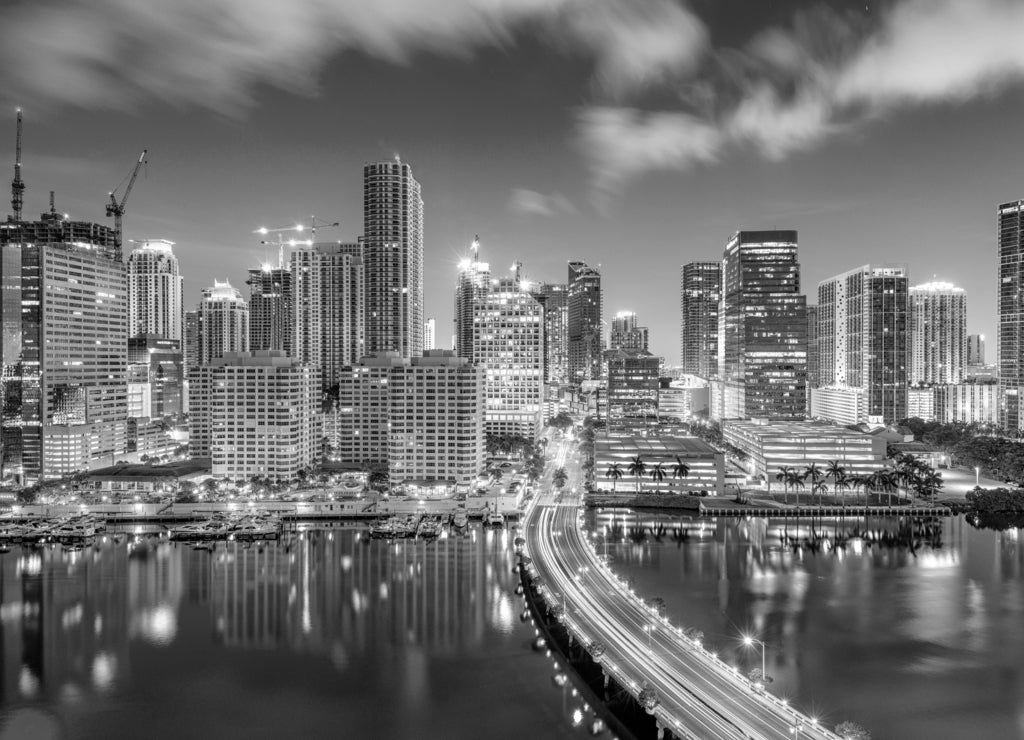 Miami, Florida, USA Biscayne Bay Skyline in black white