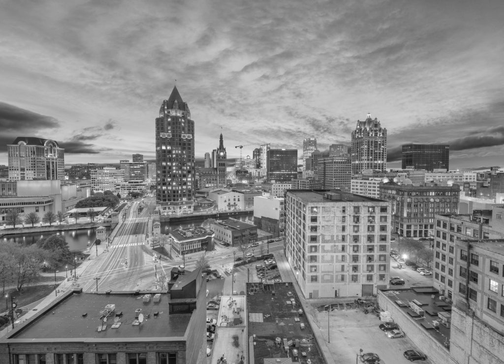 Milwaukee, WIsconsin Skyline in black white