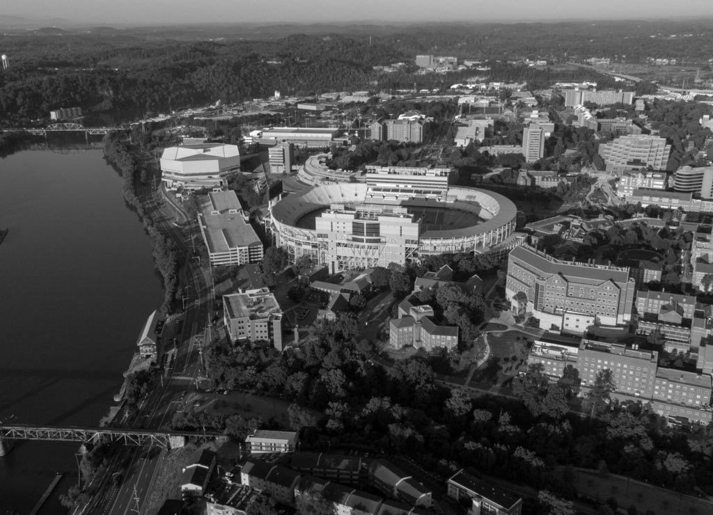University of Tennessee campus aerial view with river and stadium in black white