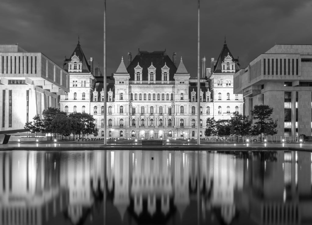 New York State Capitol building at night, Albany New York in black white