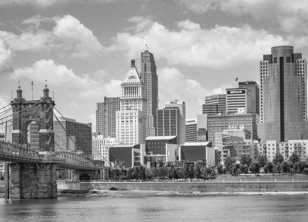 The Cincinnati skyline and Ohio River, seen from Covington, Kentucky in black white