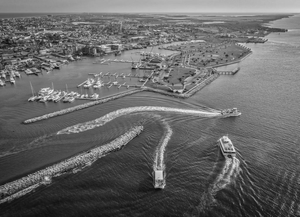 Port Aransas, Texas Marina Boats in black white
