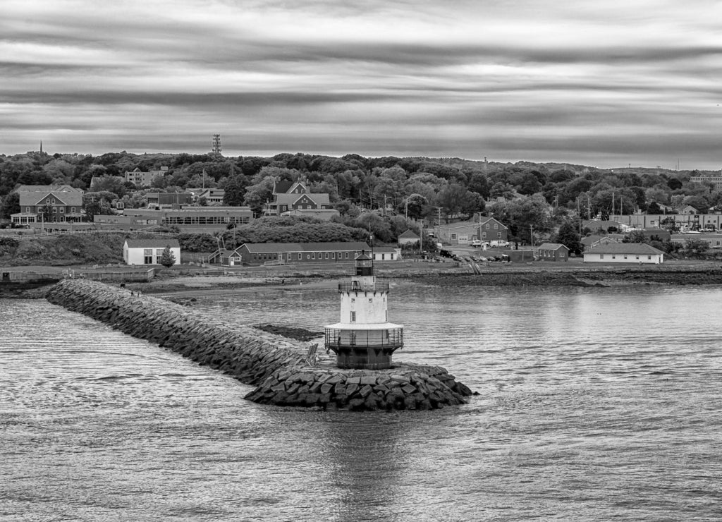 Old Bug Light, South Portland Breakwater, Maine in black white