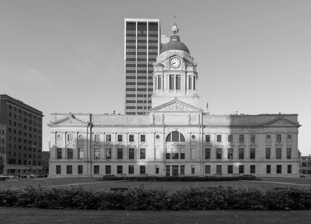 Panorama of the Allen County Courthouse in Fort Wayne, Indiana in black white