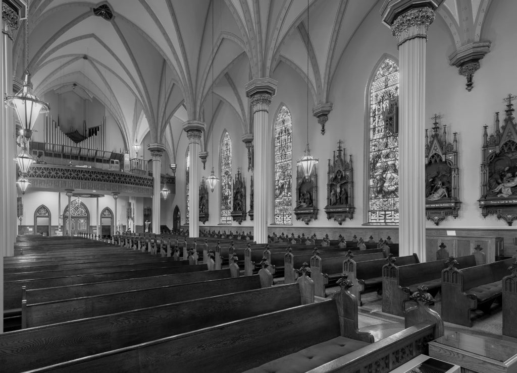 Panorama of the interior of the historic Cathedral of the Immaculate Conception in Fort Wayne, Indiana in black white