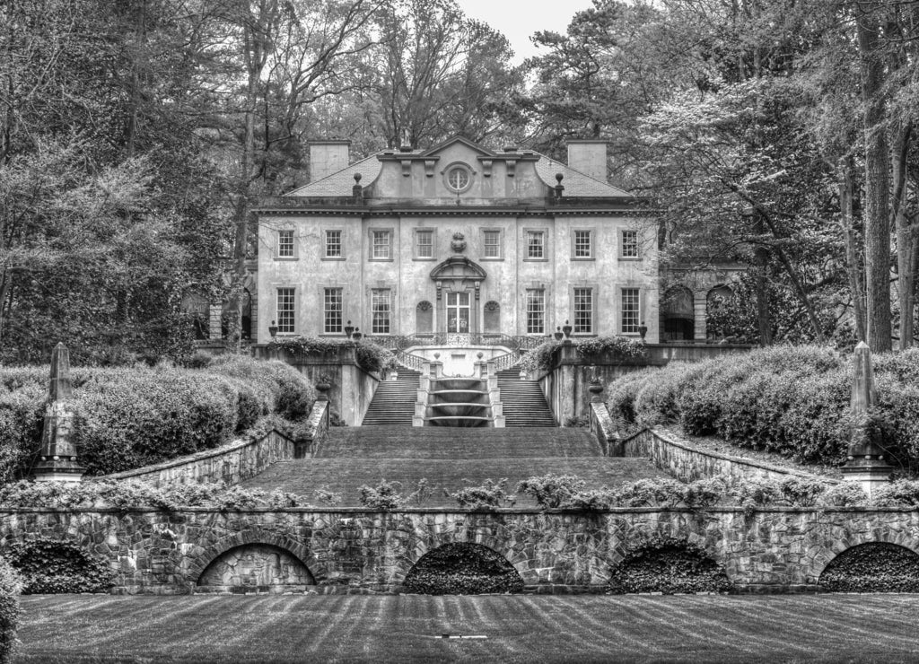 Swan House, Atlanta History Center, Georgia USA in black white