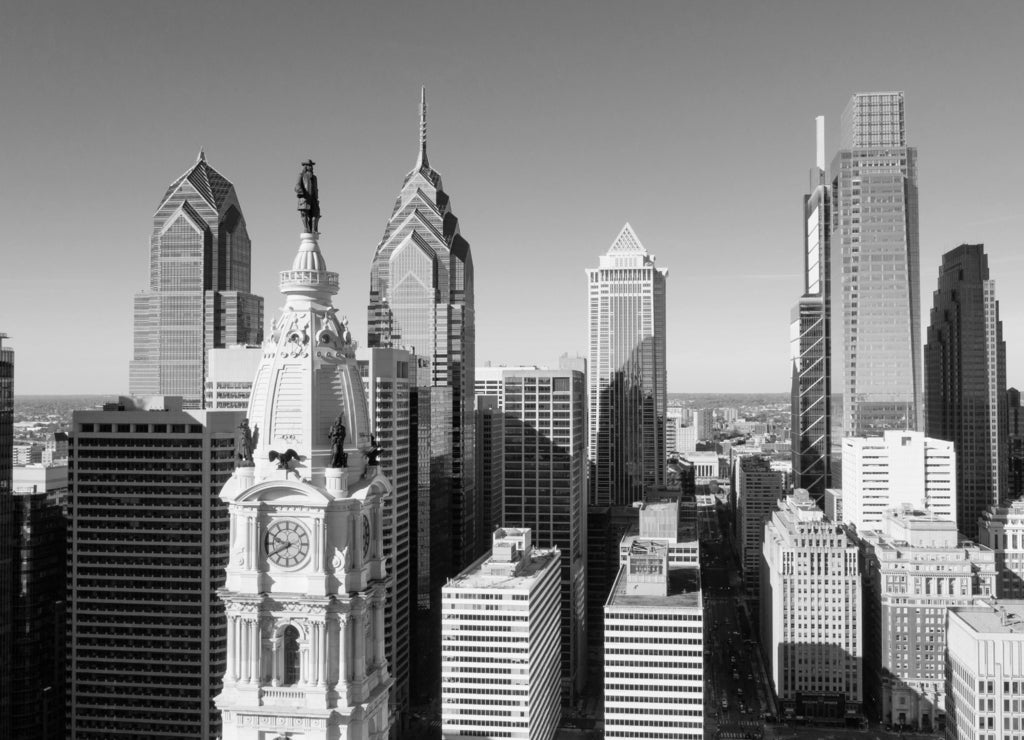 Urban Core City Center Tall Buildings Downtown Philadelphia Pennsylvania in black white