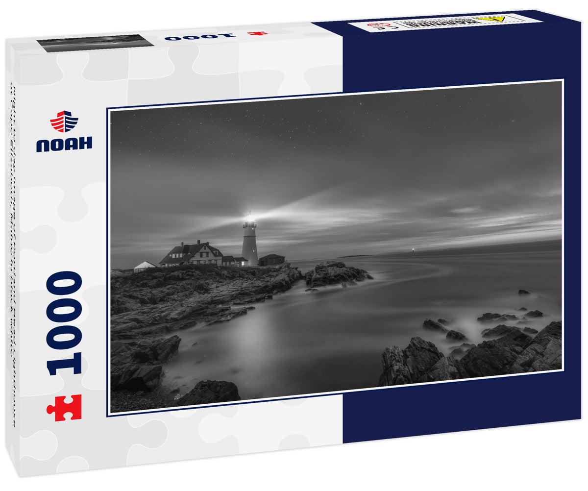 Night to day image of Portland Head Lighthouse at Cape Elizabeth, Maine in black white