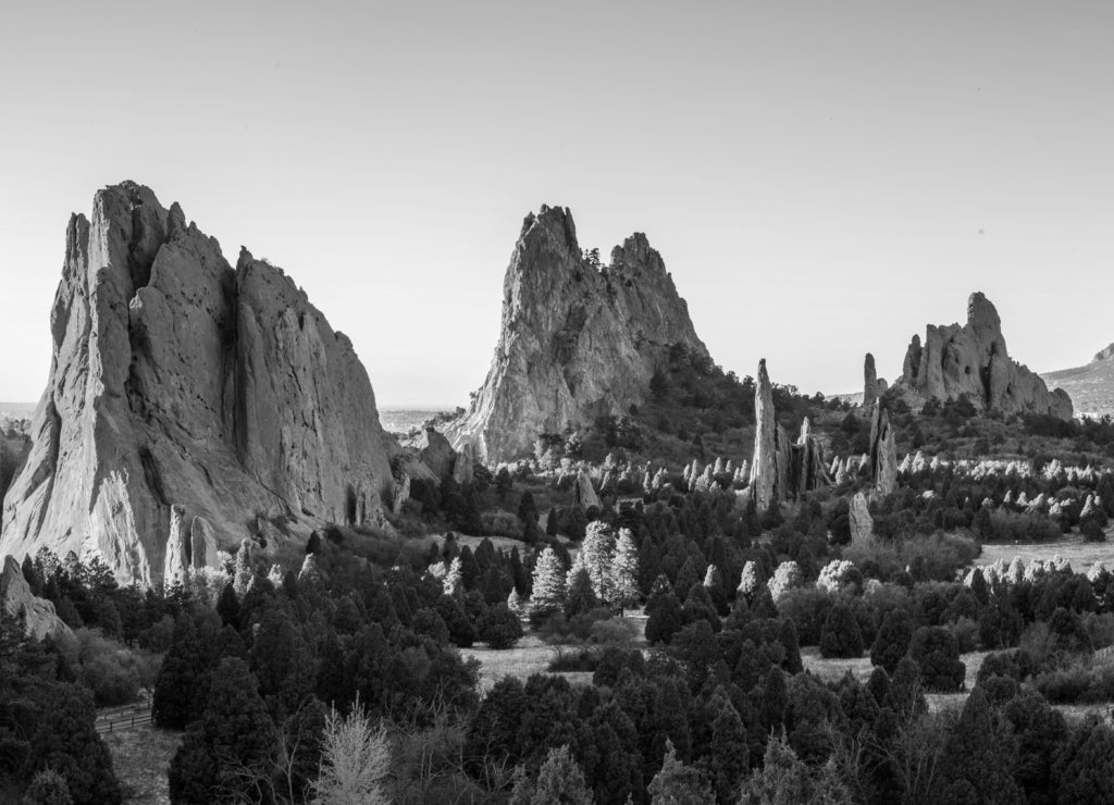 Sunrise at the Garden of the Gods in Colorado Springs, Colorado in black white