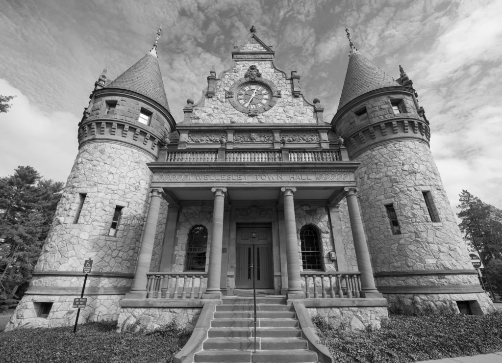 Wellesley Town Hall was built in 1883 with Richardsonian Romanesque style in Wellesley, Massachusetts, USA in black white