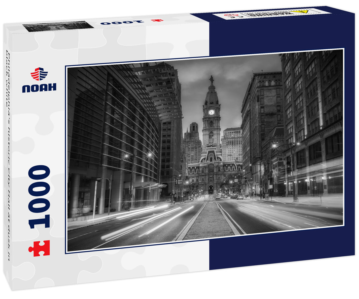 Philadelphia's historic City Hall at dusk in black white