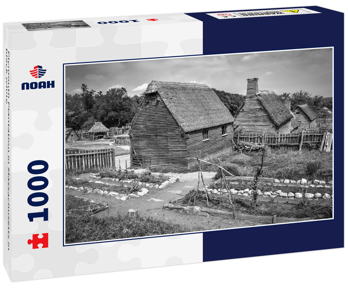 Plymouth Plantation in Massachusetts in black white
