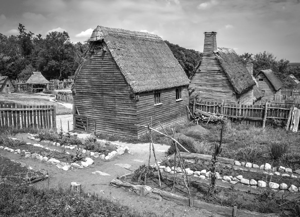 Plymouth Plantation in Massachusetts in black white