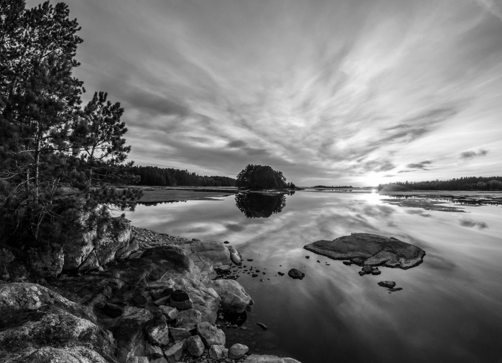 Sunset in Voyageurs National Park in Minnesota in black white