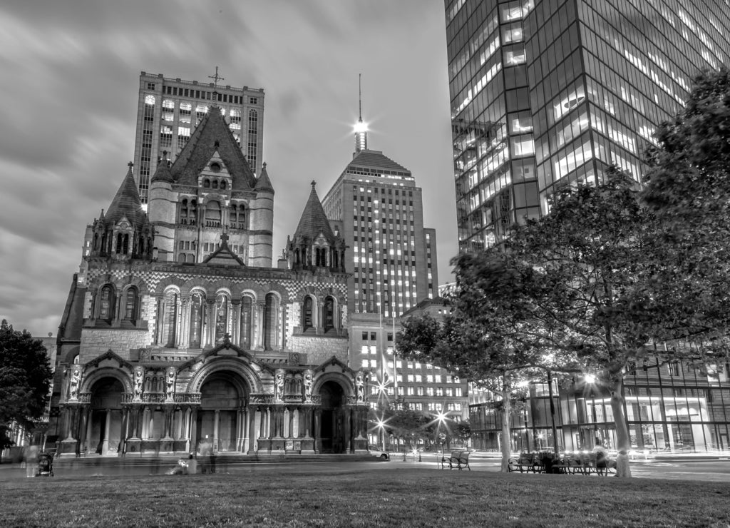 Massachusetts, Trinity Church in Boston at Night in black white