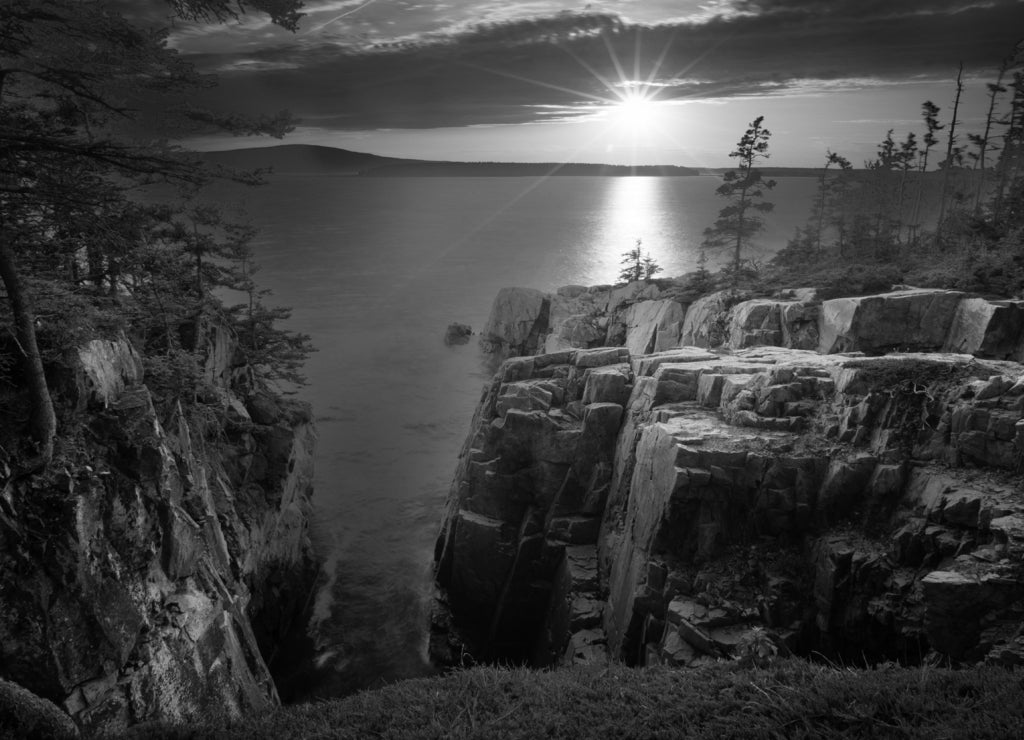 Raven's Nest Sunset along the coast of Acadia National Park, Maine in black white