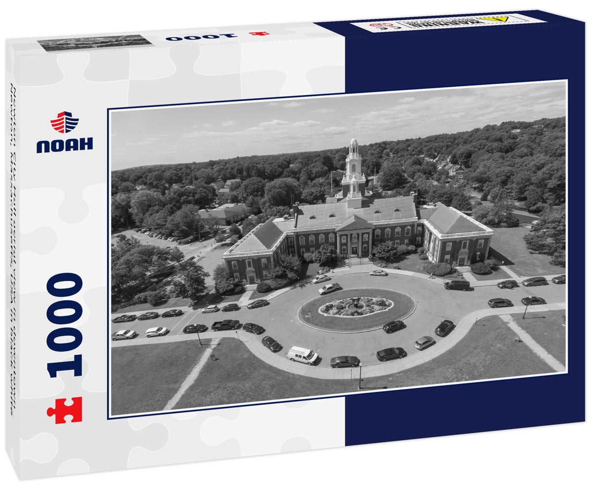 Newton City Hall aerial view in downtown Newton, Massachusetts, USA in black white